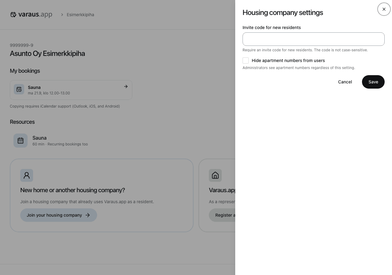 Invite code and privacy settings for the housing company.