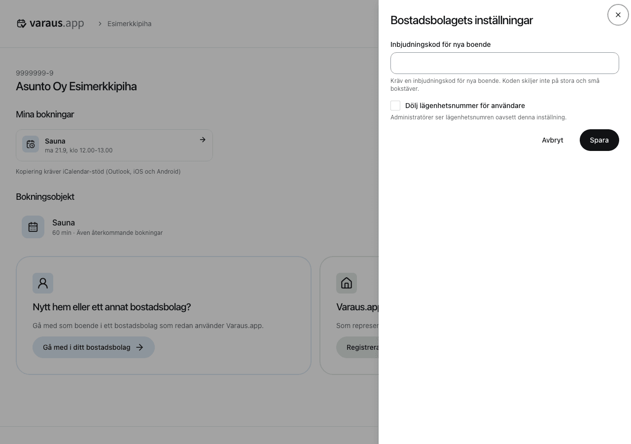 Bostadsbolagets inbjudningskod och synlighetsinställningar.