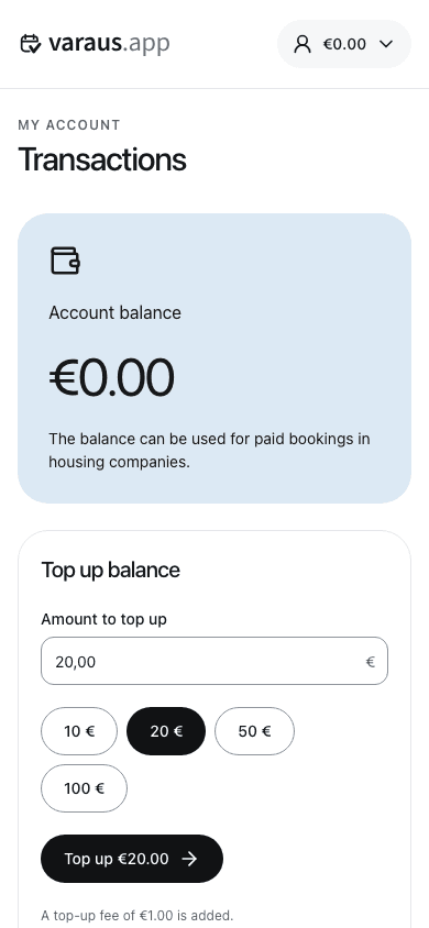 Choose a top-up amount on the transactions page.