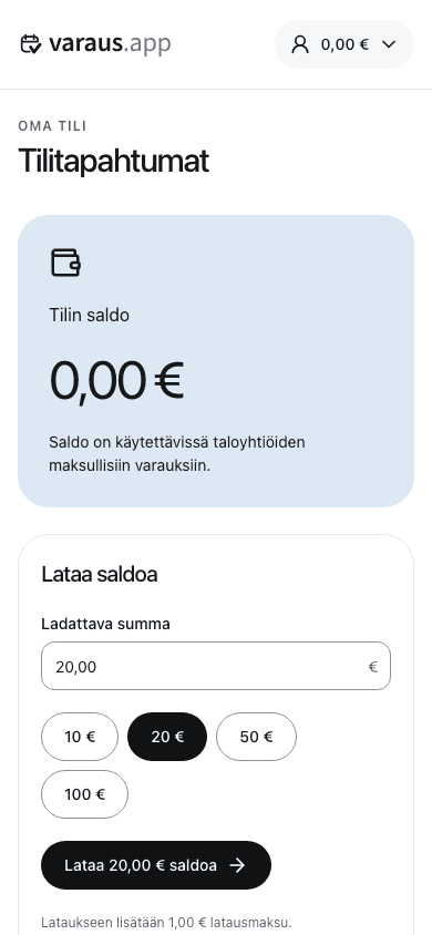 Ladattavan summan valinta tilitapahtumissa.