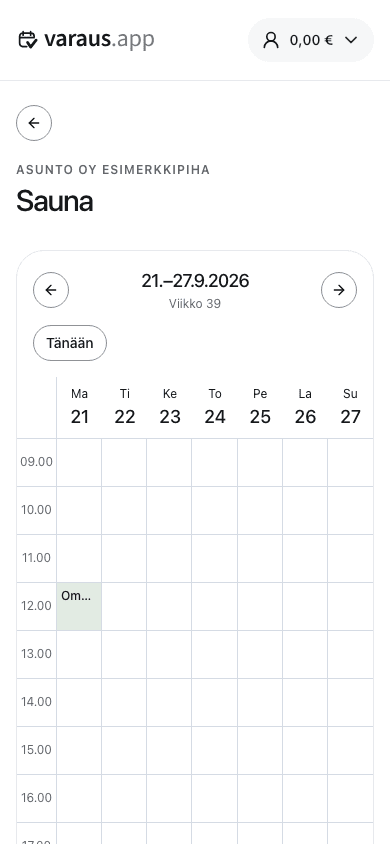 Varauskalenteri asukkaan näkymässä.