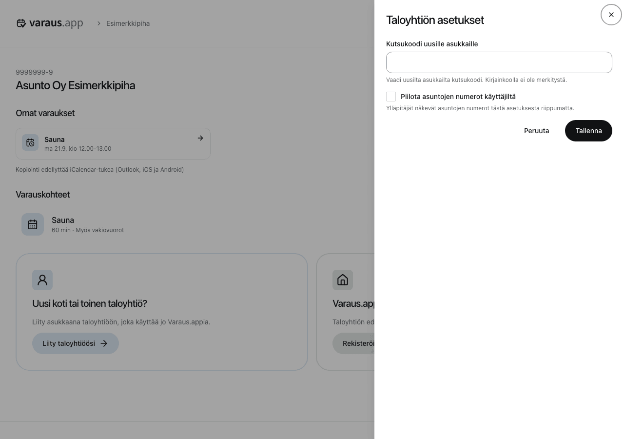 Taloyhtiön kutsukoodi ja näkyvyysasetukset.