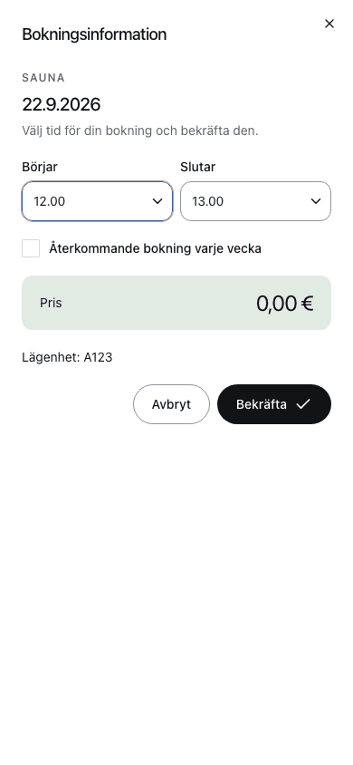 Kontrollera tid och pris innan du bekräftar bokningen.